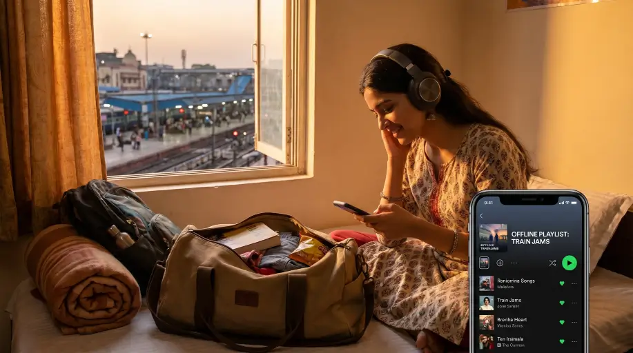 Estudante indiana se preparando para uma viagem de trem com música off-line pronta em seu telefone