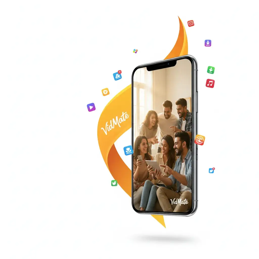 واجهة بطولية عالية الجودة لـ VidMate مع أيقونات تطبيقات عائمة