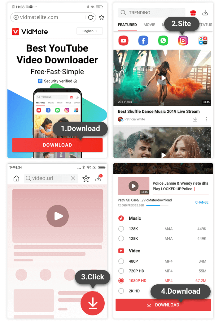 Install and browse workflow for VidMate YouTube video downloader