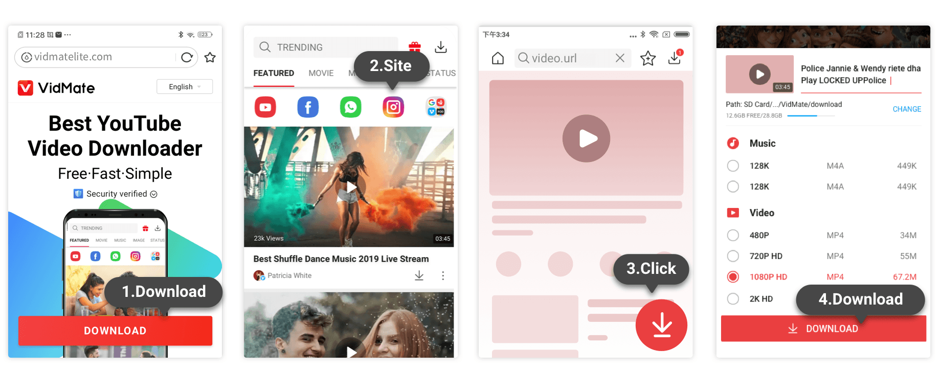 Install and browse workflow for VidMate YouTube video downloader
