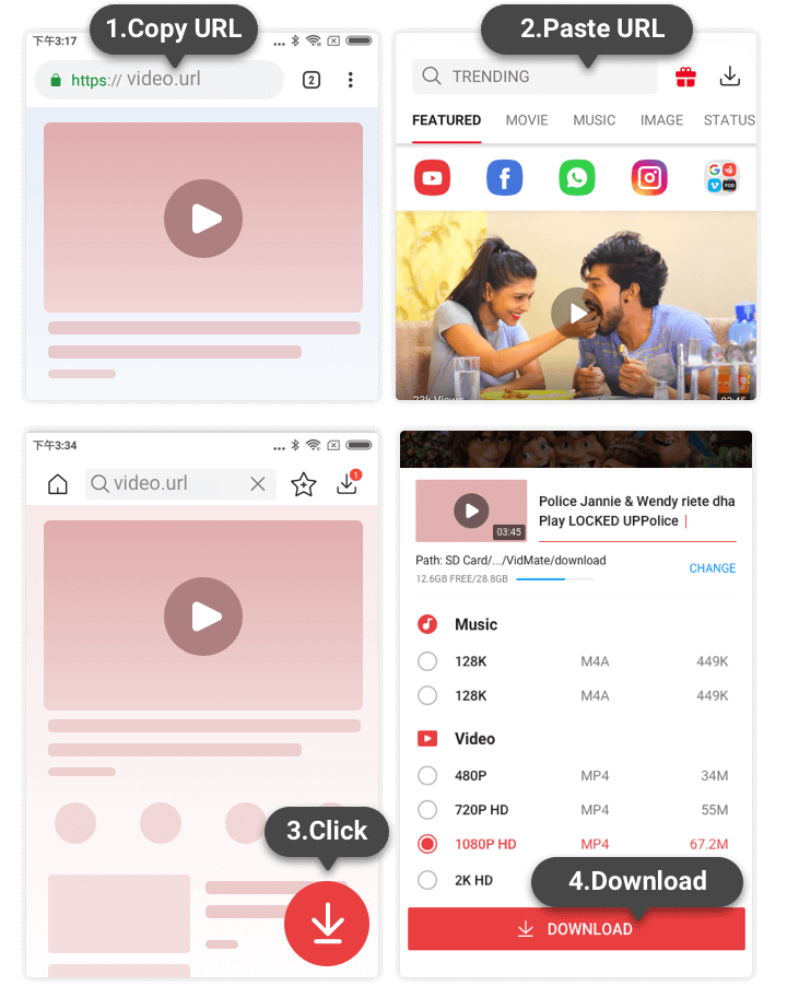 Copy and paste workflow for VidMate YouTube downloader