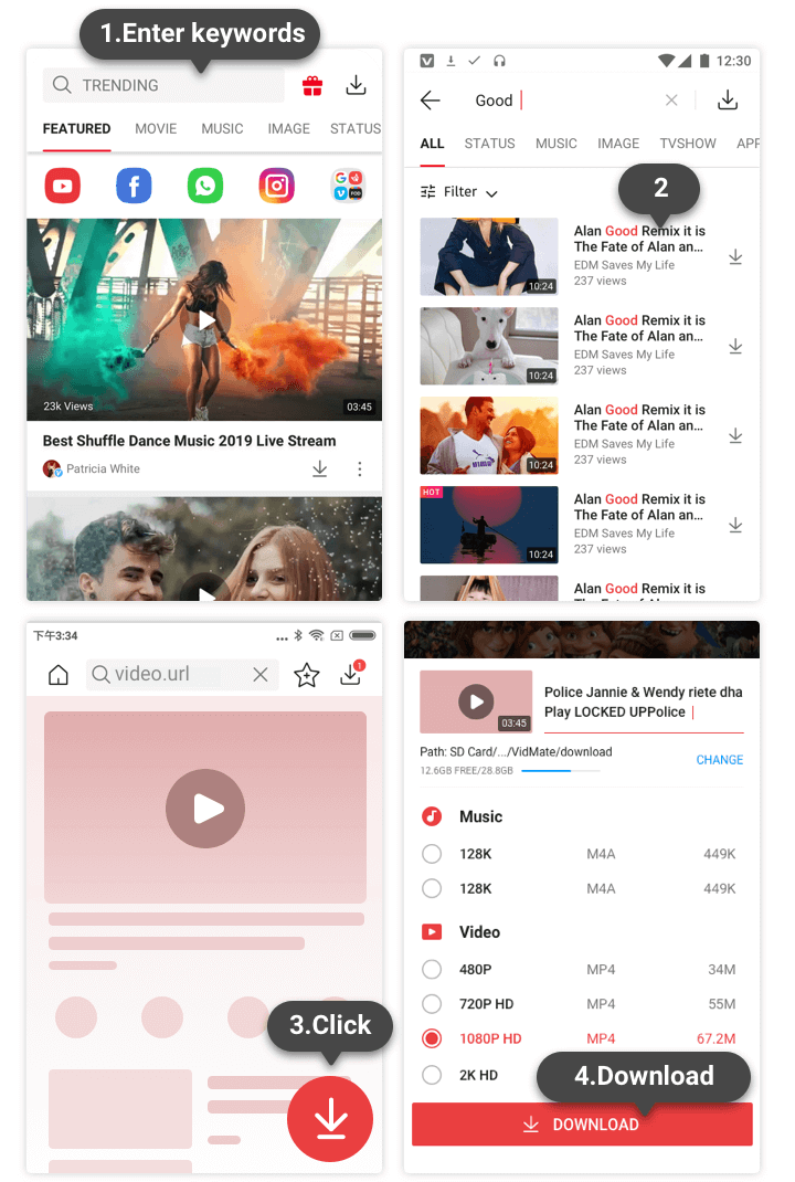 Search results workflow for VidMate YouTube downloader