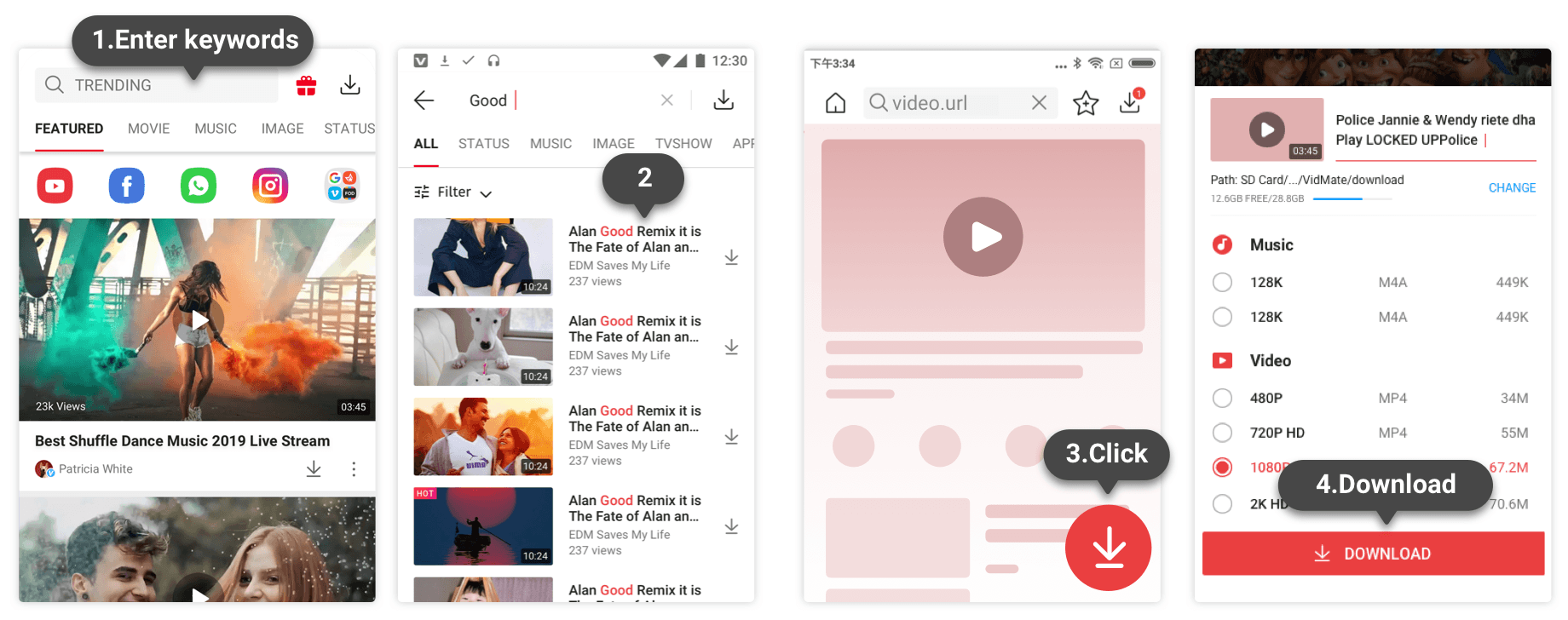 Search results workflow for VidMate YouTube downloader