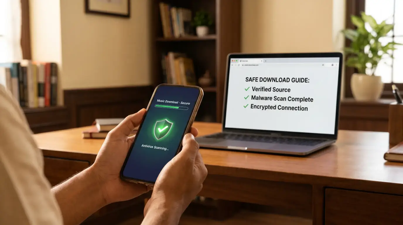 Ilustração segura de download de música com verificação antivírus, telefone Android e escudo de segurança